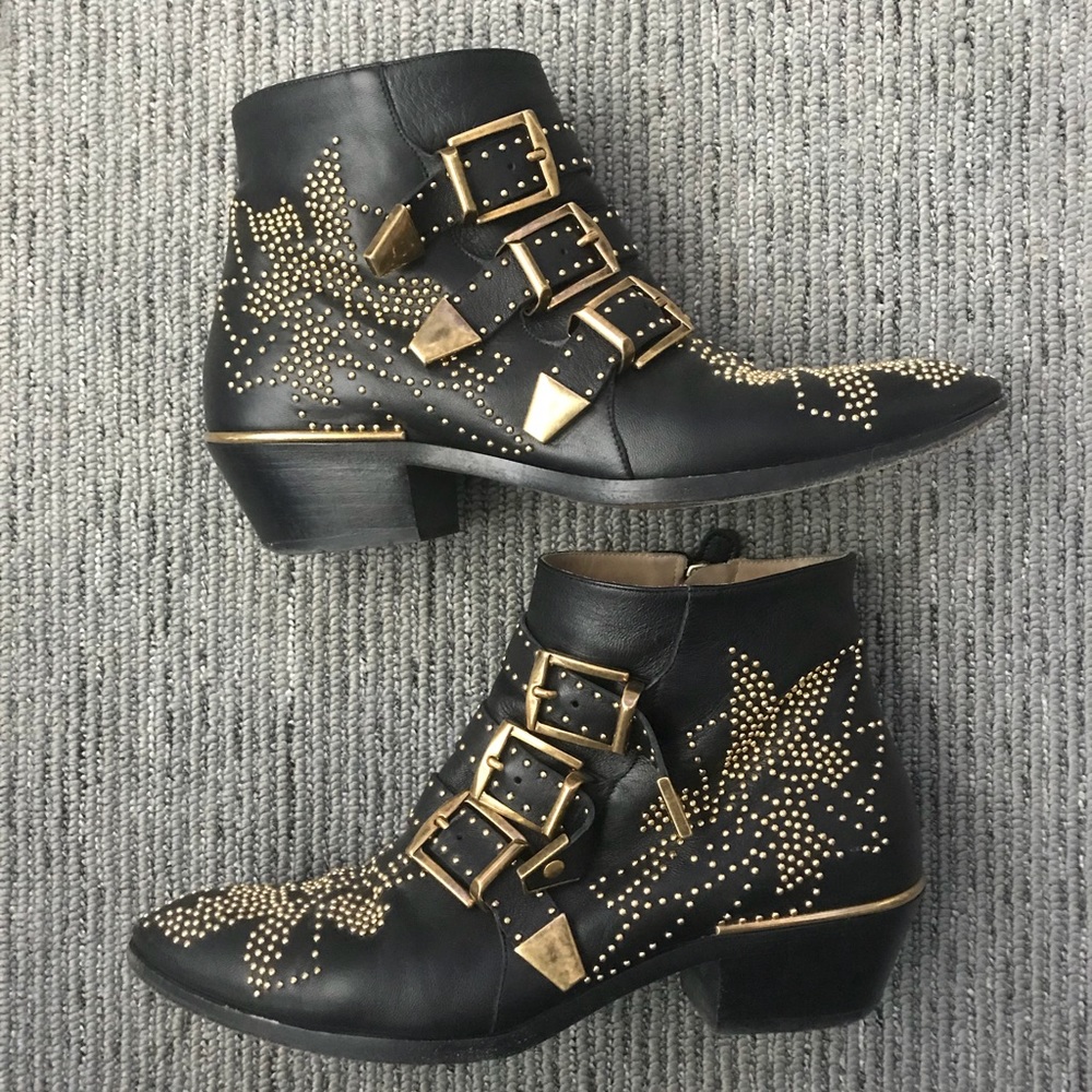 Chloe Susanna Black & Gold Leather Booties, Sz 6.5